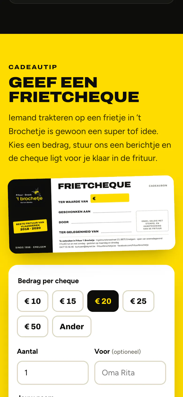 Het frietcheque-formulier van Frituur ’t Brochetje op een gsm, met een voorbeeld van de cheque en knoppen voor 10, 15, 20, 25 of 50 euro