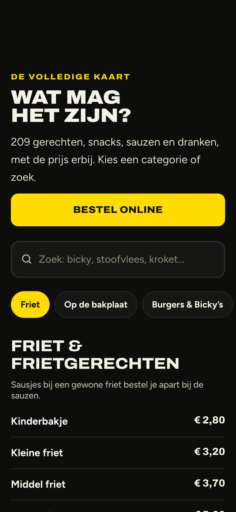 De kaart van Frituur ’t Brochetje op een gsm: 209 gerechten, snacks, sauzen en dranken met prijs, een zoekveld en categorieknoppen