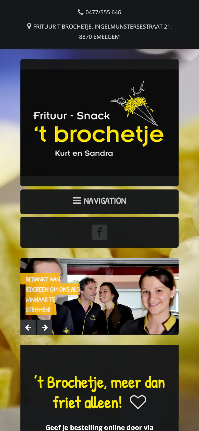 De oude website van Frituur ’t Brochetje op een gsm: een groot logo, een menuknop en een fotoslider, zonder uren of kaart in beeld