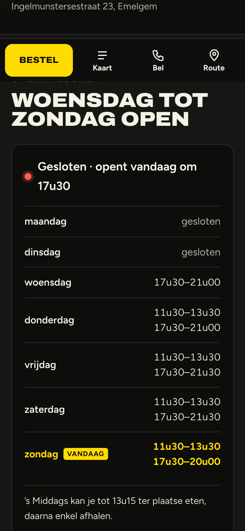 De openingsuren van Frituur ’t Brochetje op een gsm: gesloten, opent vandaag om 17u30, met de uren per dag en vandaag aangeduid
